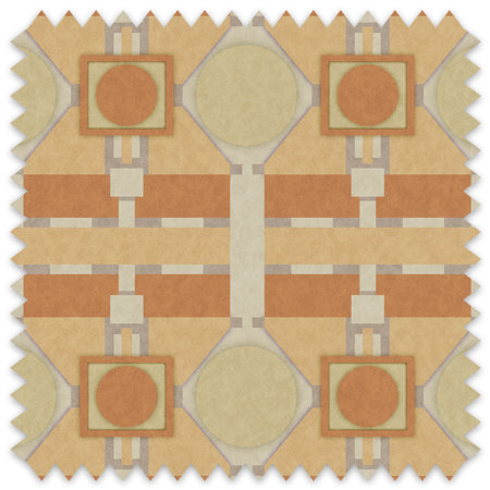 The artwork is a symmetrical geometric design with a balanced composition. It features a series of squares, rectangles, and circular shapes arranged in a grid-like pattern. The dominant colors are various shades of brown and tan, combined with accents of light grey and white. The shapes are layered to create a sense of depth, with some elements outlined or bordered to enhance contrast.  The artwork has a structured, almost architectural feel, emphasizing order and precision.